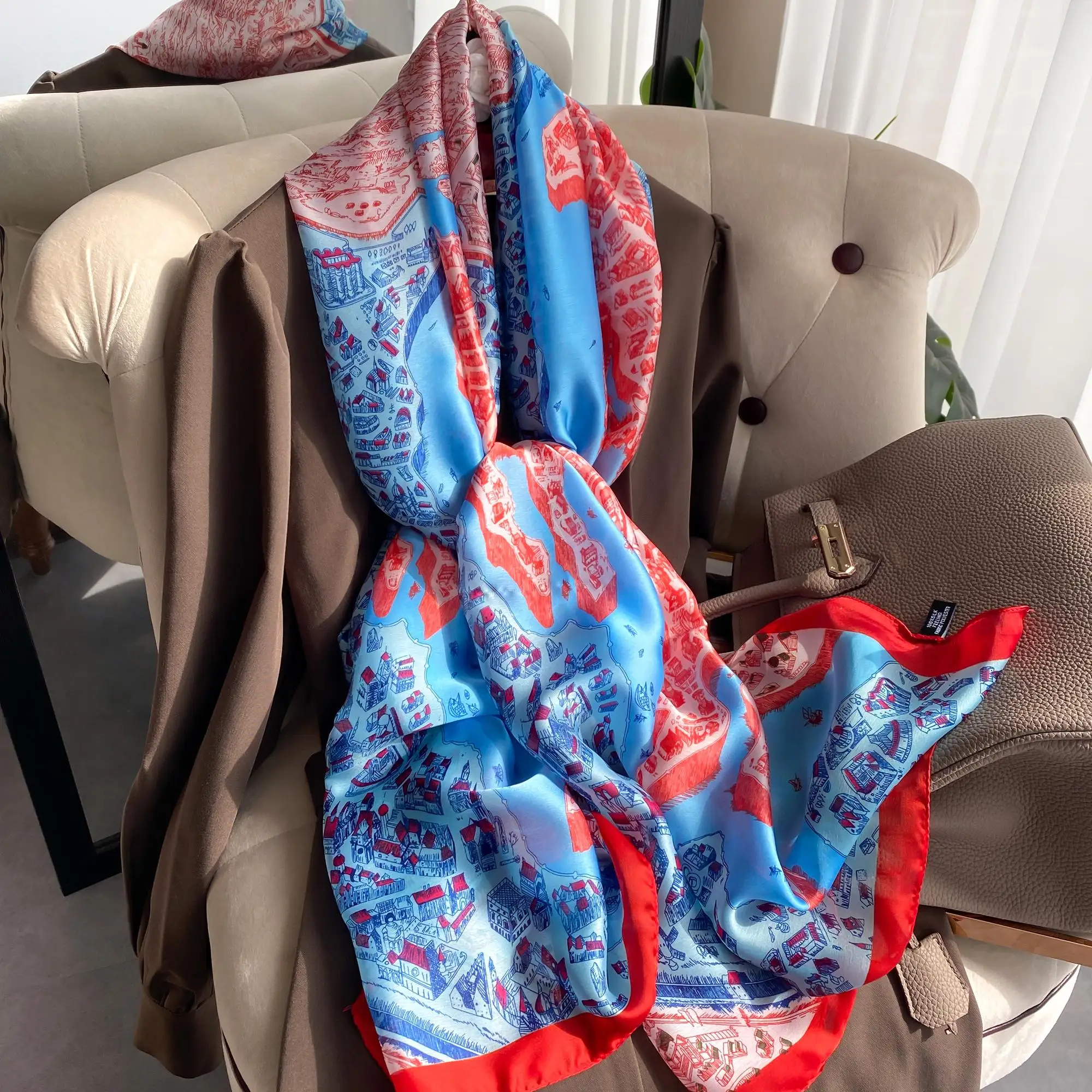 

Fashion Women Scarf Luxury Brand Scarf Women City of Horses Printed Silk Scarf Scarves Long Scarf Designer Lady Wraps Bandana