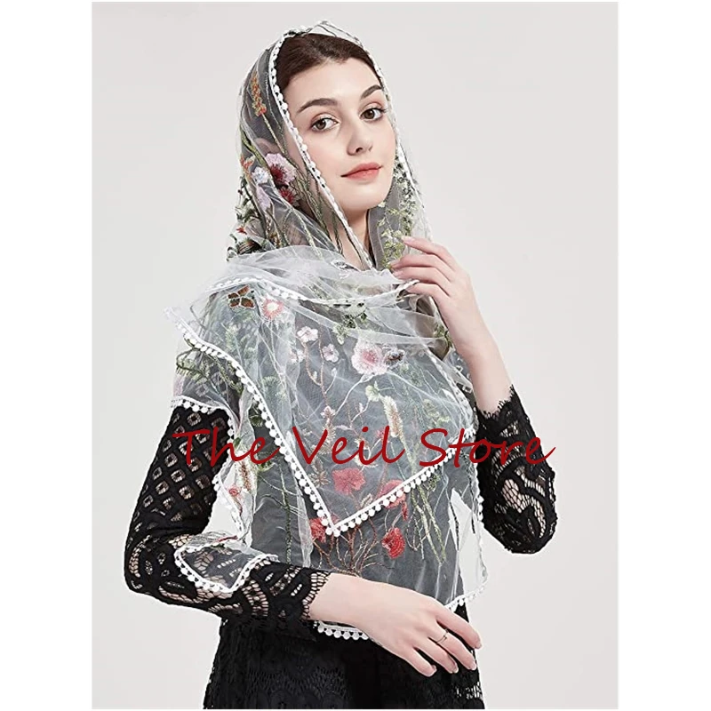 Velo rectangular de Mantilla para mujer, velo de Iglesia Católica para cubrir la cabeza, bufandas de encaje Floral, velos de marfil negro con pinza para el cabello