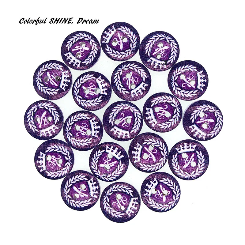 50PCs 15mm Dia.Natural Wooden Buttons Round Purple Crown Design Scrap-booking Sewing Accessories DIY Craft 2 Holes