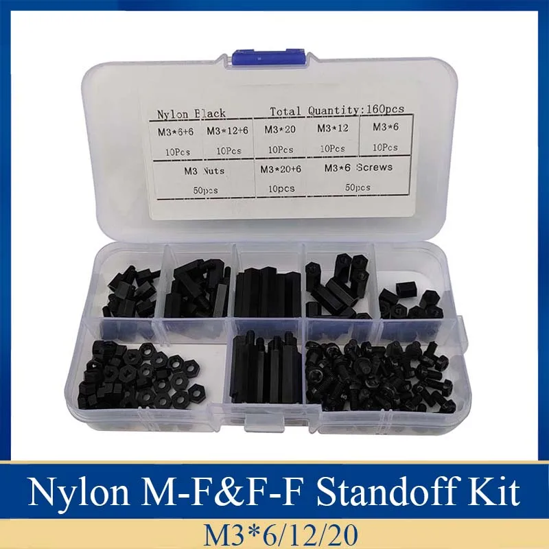 

160Pcs M3 Nylon Standoff Hex Nylon Spacers Threaded Screws nuts Bolt nut set Box Black Assortment kit