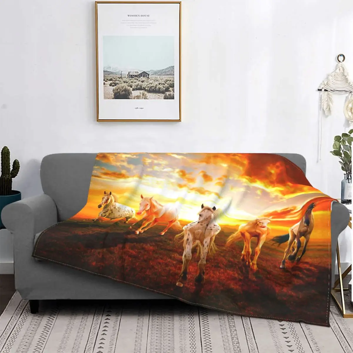 Sunset Horse Running Blanket Flannel Galloping Animal Lovers Ultra-Soft Throw Blanket for Car Sofa Couch Bedspread