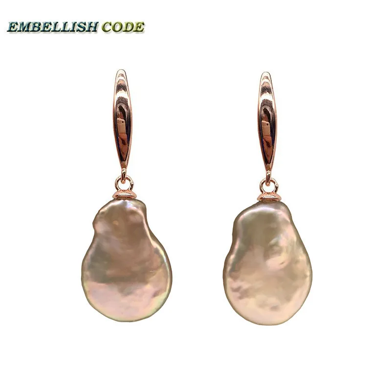 Simple Hook rose red gold-plated Earring real freshwater peach flat teardrop coin shape pearl flawless fine jewelry for gift