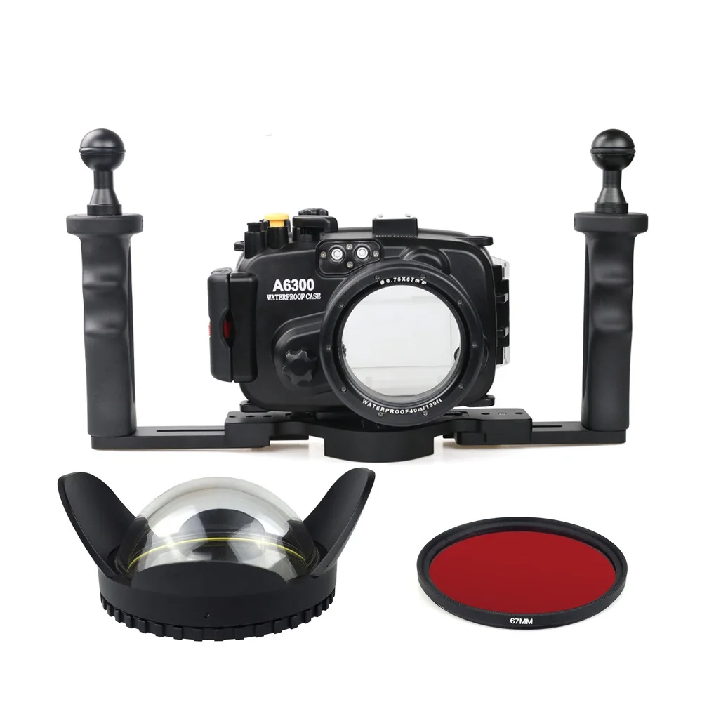 40m/130ft Waterproof Underwater Camera Housing Case for A6300 16-50mm Lens + Tray + Red Filter + 67mm Round Fisheye