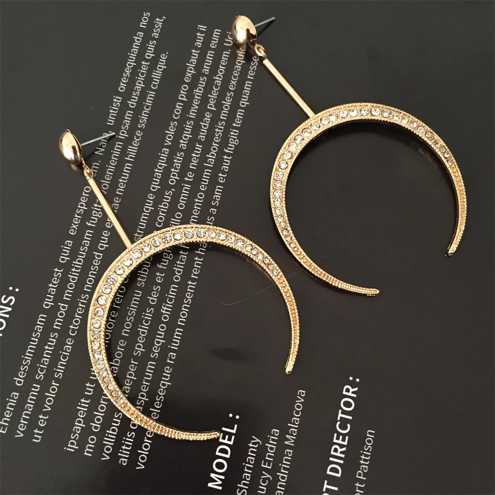 Bohemia Gold Color Plating Clear Stone Decorated Horn Long Drop Earrings For Women Elegant Casual Unique Chunky Jewelry