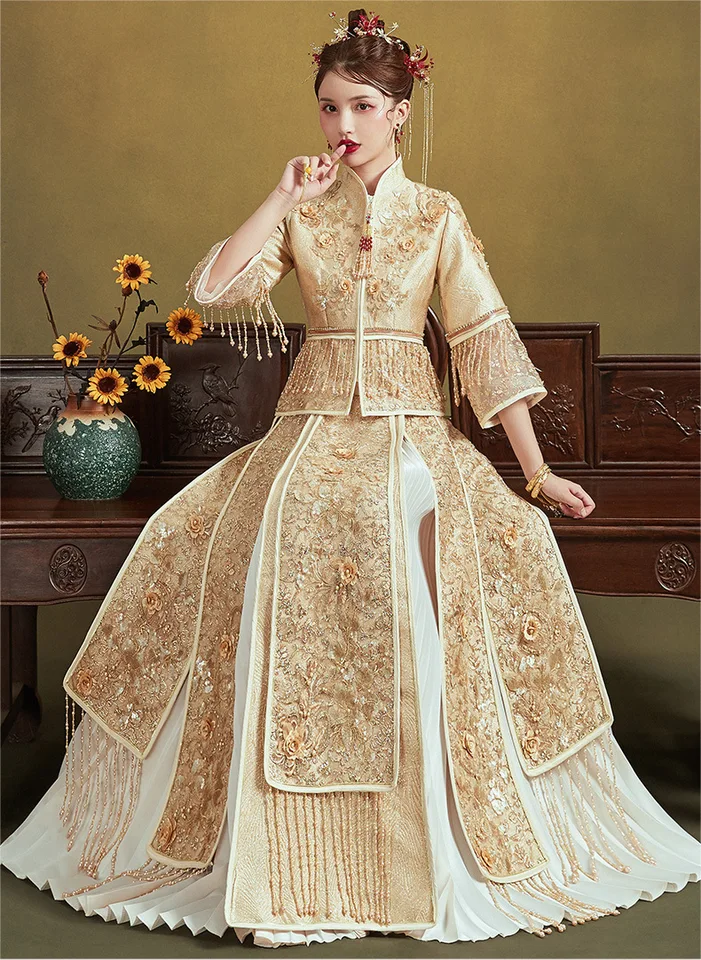 gold chinese wedding dress Chinese Traditional Gold Dragon Phoenix Wedding Bridal Dress Banquet Men  Women Couple Vintage Style Oriental китайская одежда
