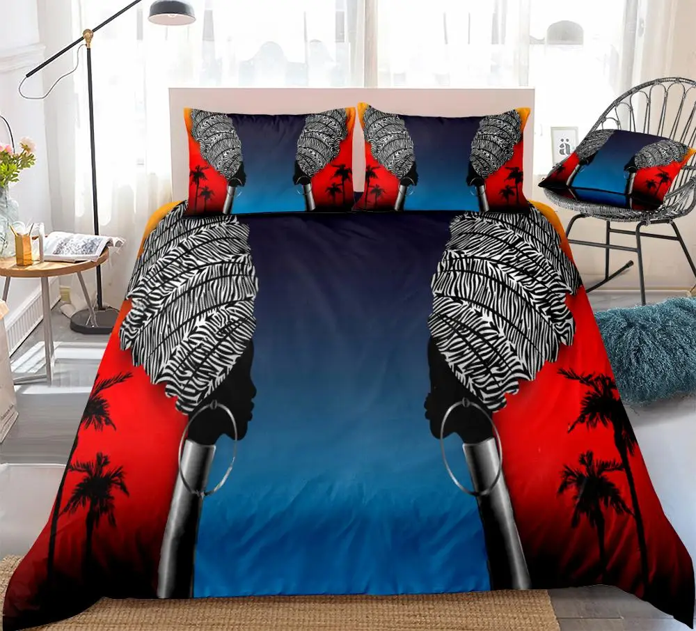 

African Duvet Cover Set Portrait Beautiful African Woman in Traditional Turban Head Wrap Bed Set Queen 3pcs Sunset Dropship