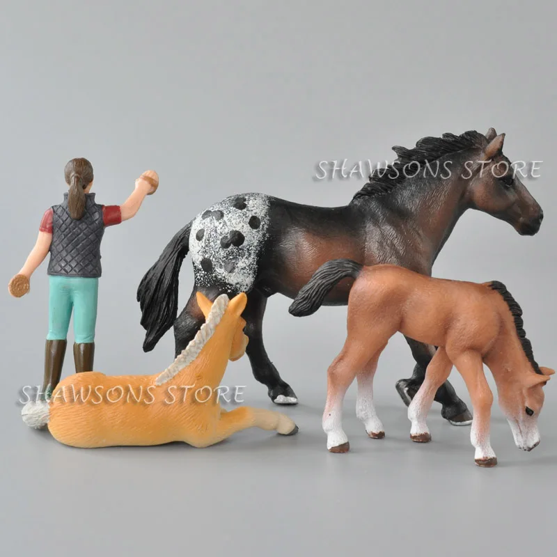 Build Your Own Farm Model Cattle Toys Jockey With Horse & Ponies 4 pcs Miniature Figures Replica