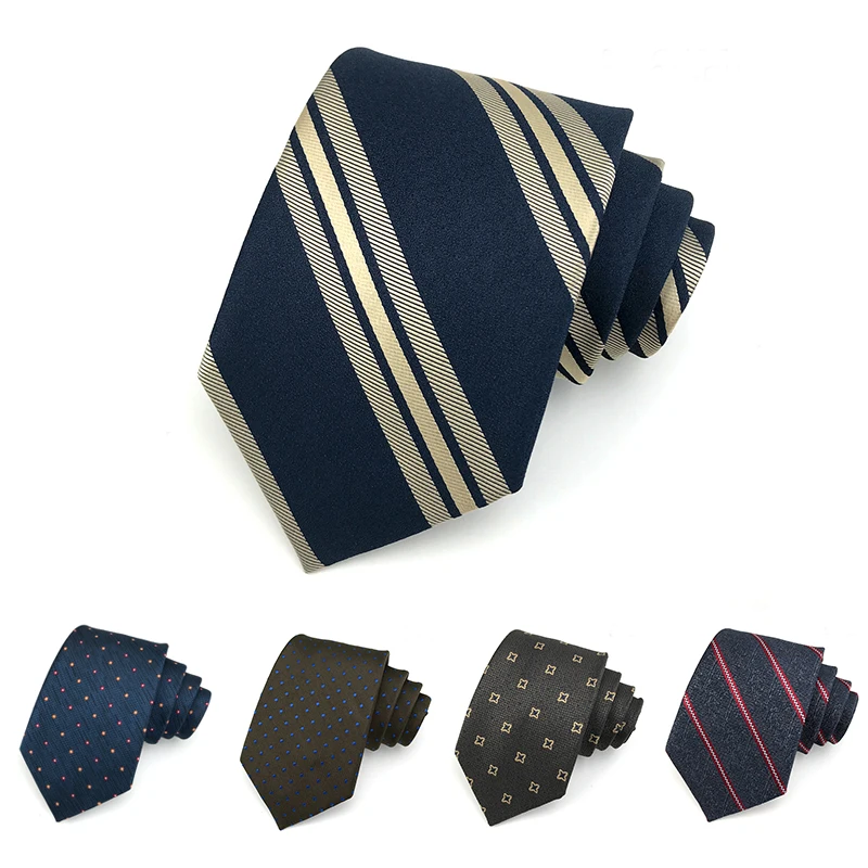 High Quality  Navy Blue Striped 7CM-8CM wide Men's Tie Fashionable Shirt Accessory Business Banquet Hand Tie a Knot Necktie