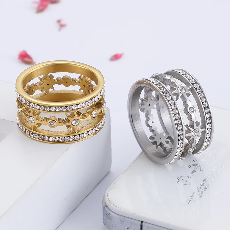 Dicotico Gold Color Stainless Steel Rings For Women Cubic Zirconia Wedding Bands Anillos Mujer Femme Jewelry Party Gift