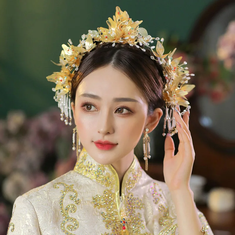 Chinese Bridal Headdress Tranditional Wedding Crown Hair Comb Hairpins Set Brides Costoume Xiuhe Hair Accessories