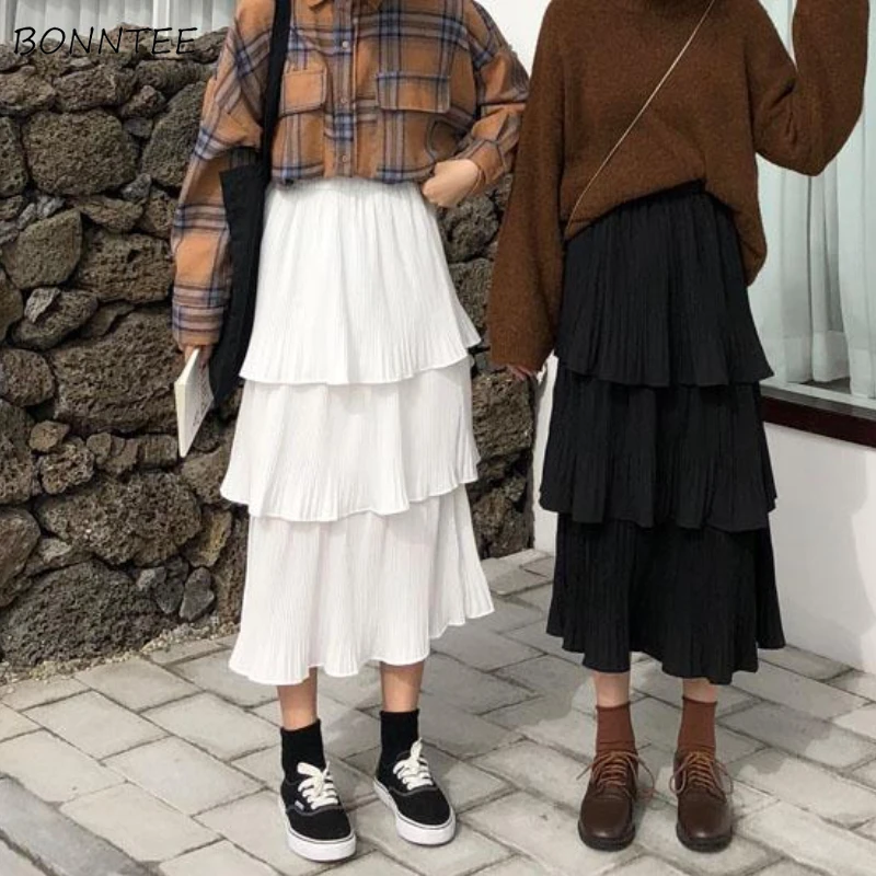 

Skirts Women Solid Korean Style Elegant A-line Empire Mid-calf Ruffles Simple Leisure Daily All-match Comfortable Loose Spring