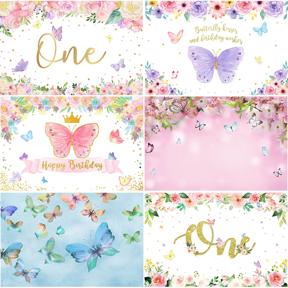 Purple Butterfly Birthday Backdrop Pink Floral Spring Photo Background 1st Birthday Party Decoration Baby Shower Decoration