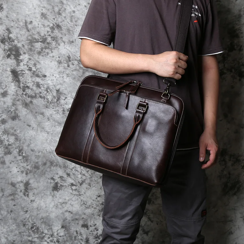 NZPJ Vintage handgefertigte Leder Herrenhandtasche Oberschicht Rindsleder Große Kapazität Business Computertasche Herren Schulter Diagonaltasche – Detail 3