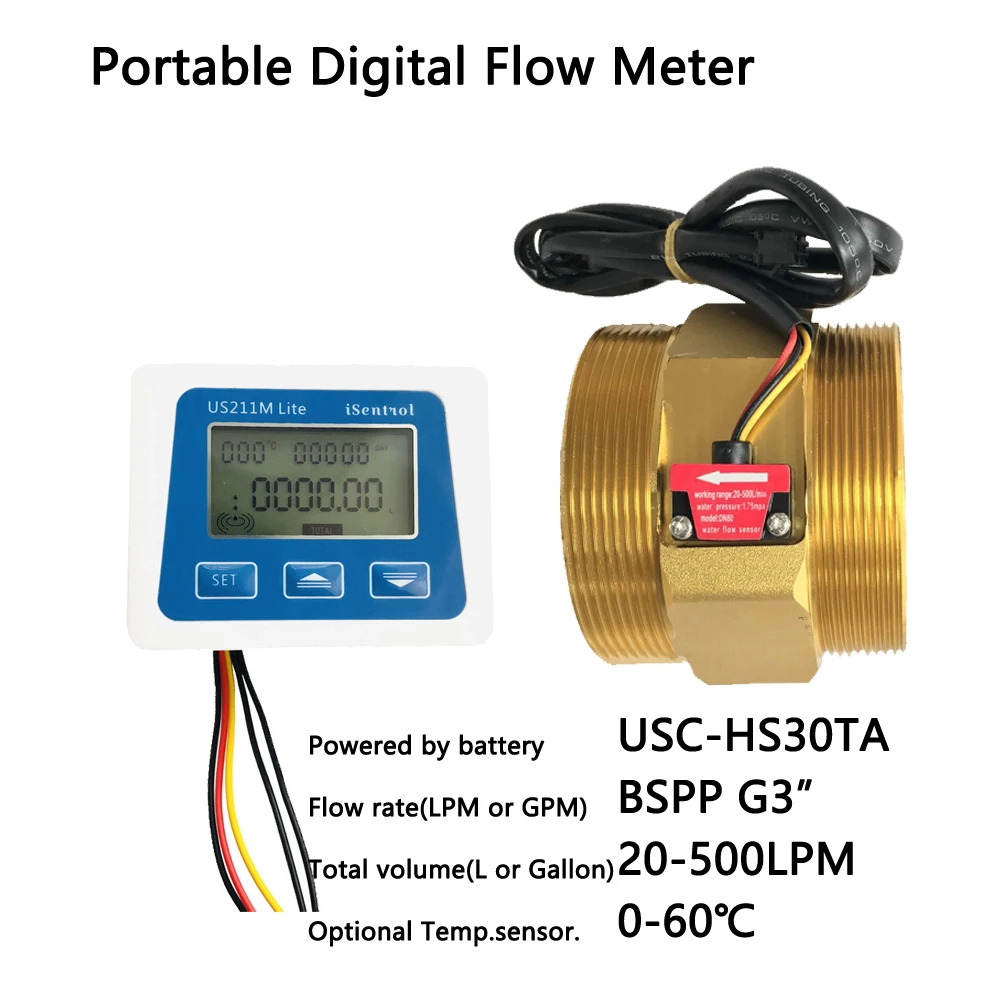 

US211M Lite Portabe Digital Flowmeter DN80 USC-HS30TA 20-500L/min 5V Flow Reader Compatible Our Hall Effect Water Sensor