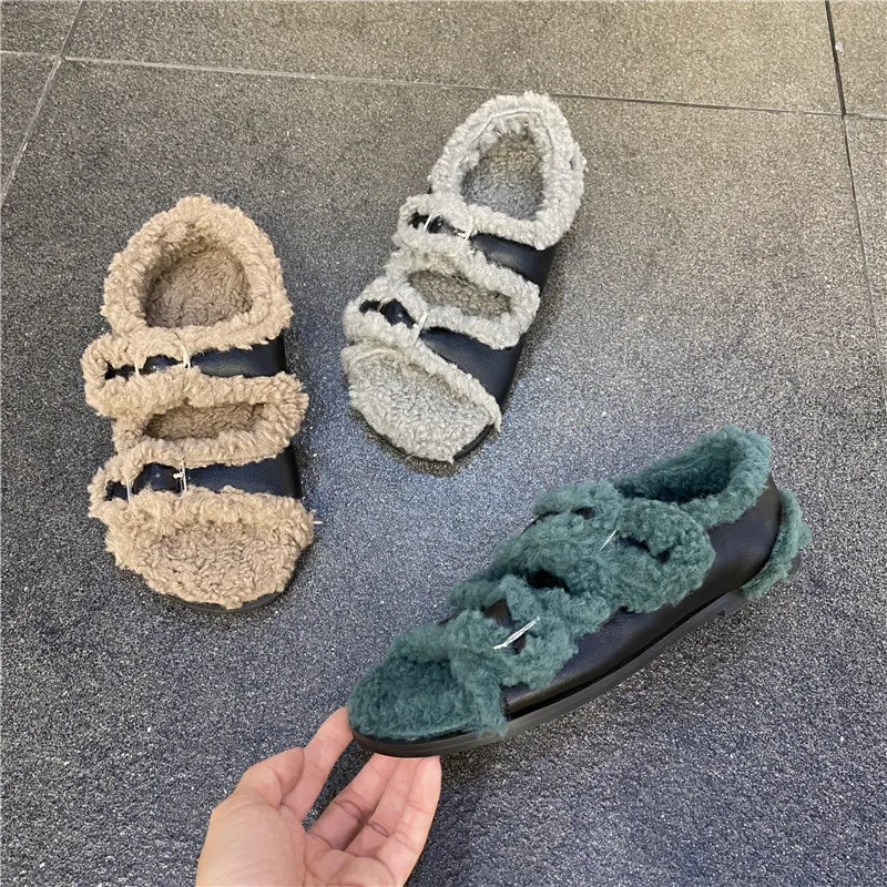 

Wool Women's Sandals For Autumn And Winter New Style Open-Toed Double Belt Buckle Korean Flat-Bottomed Velvet Sandals