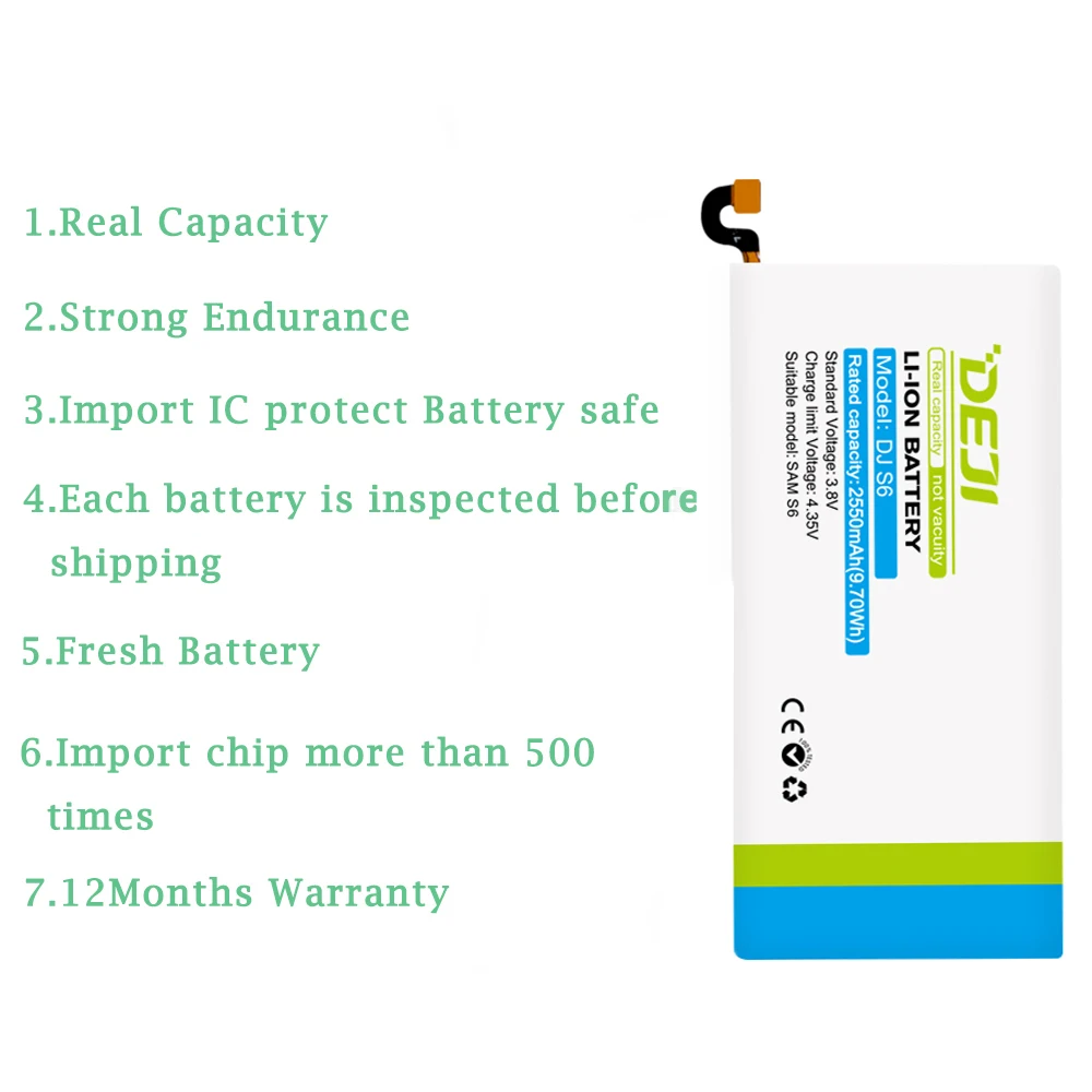 DEJI For SAMSUNG S6 Battery Real Capacity 2550mAh Internal Batarya Replacement  With Free Tool Kit Suit for G9200/G9208/G9209