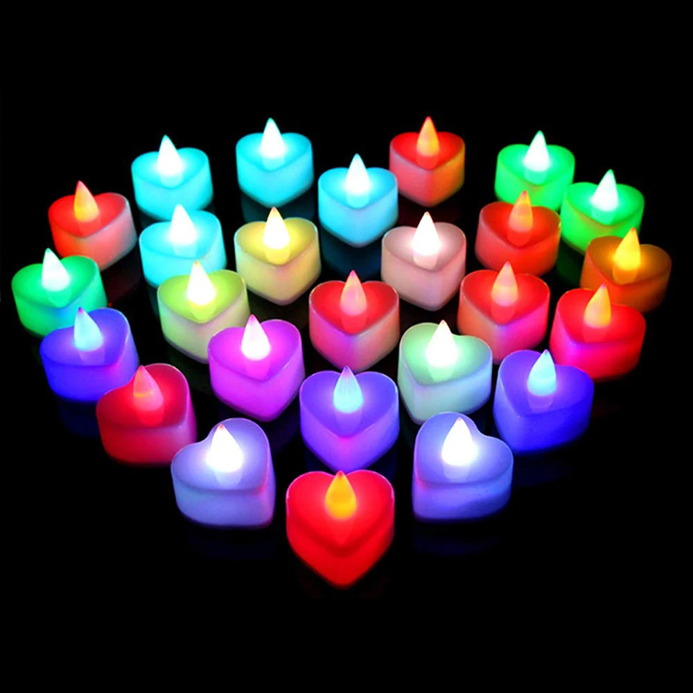 24Pcs Heart Shape LED Tealight Flameless Electronic Candles Love Night Light Valentine's Day Lighting Home Party Romantic Decor