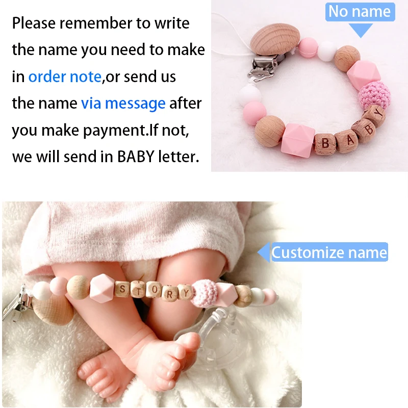 New Handmade Free Personalized Name Silicone Wood Pacifier Clips Safe Teething Chain Cute Flower Eco-friendly Dummy Clips Holder