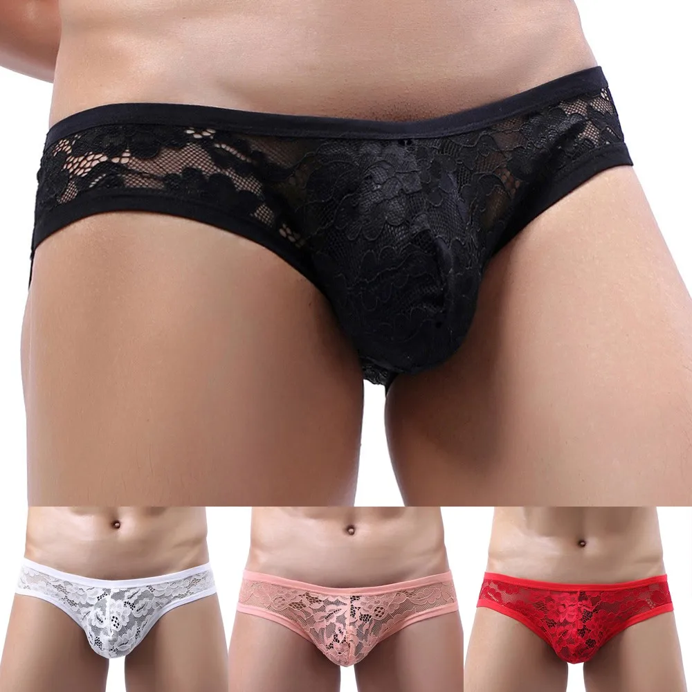 Mens Sexy See-Through Penis Big Pouch Panties Briefs Bulge Sexy Underwear Low Waist Briefs Gay Lace Underpants Erotic Lingerie