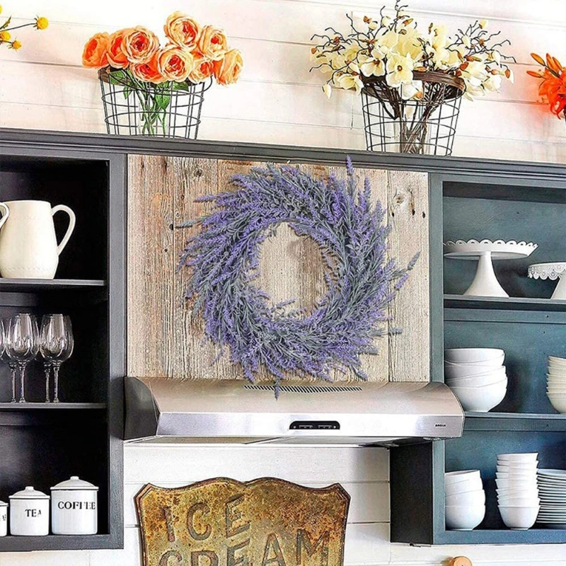 18" Artificial Lavender Wreath Fake Lavender Flower Wreath for Front Door Farmhouse Door Wreath Summer Hanging Wall Window image 6