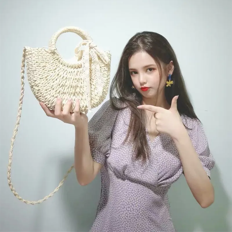 Straw Bag Women Hand-Woven Handbag Moon Shape Lace Bow Rattan Bag Big Capacity Drawstring Casual Beach Shoulder Crossbody Bag