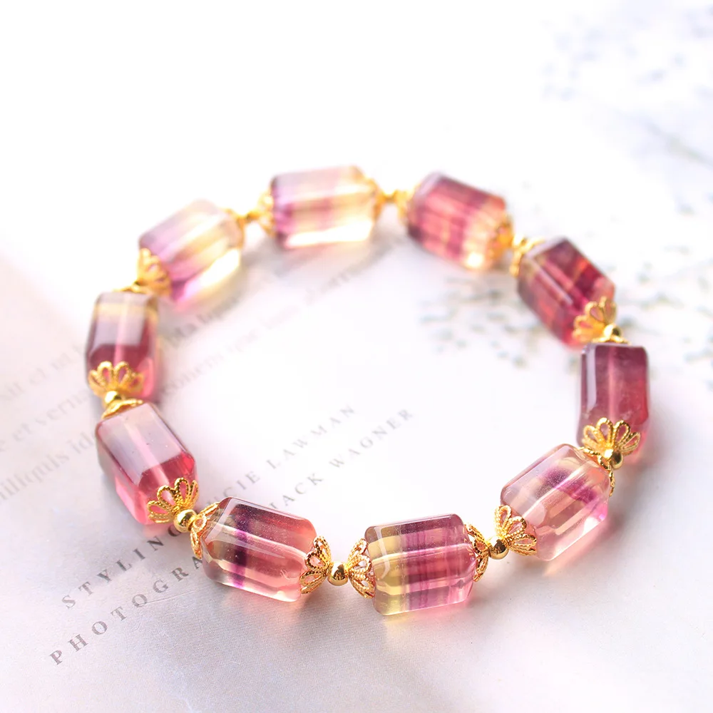 Natural Yellow Fluorite Quartz Beads Bracelet Gemstone 12x10mm Clear Rectangle Beads Women Orange Watermelon Fluorite AAAAA