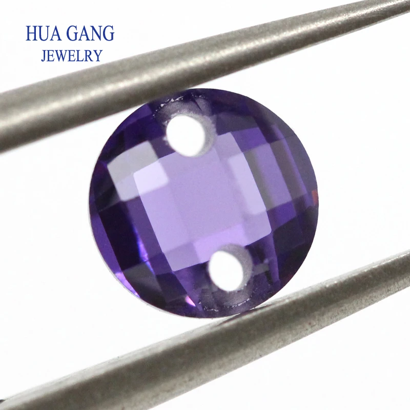 Two Holes Amethyst Double Checkerboard AAAAA Round Brilliant Cut Cubic Zirconia Loose CZ For Jewelry Making 3-14mm High Quality