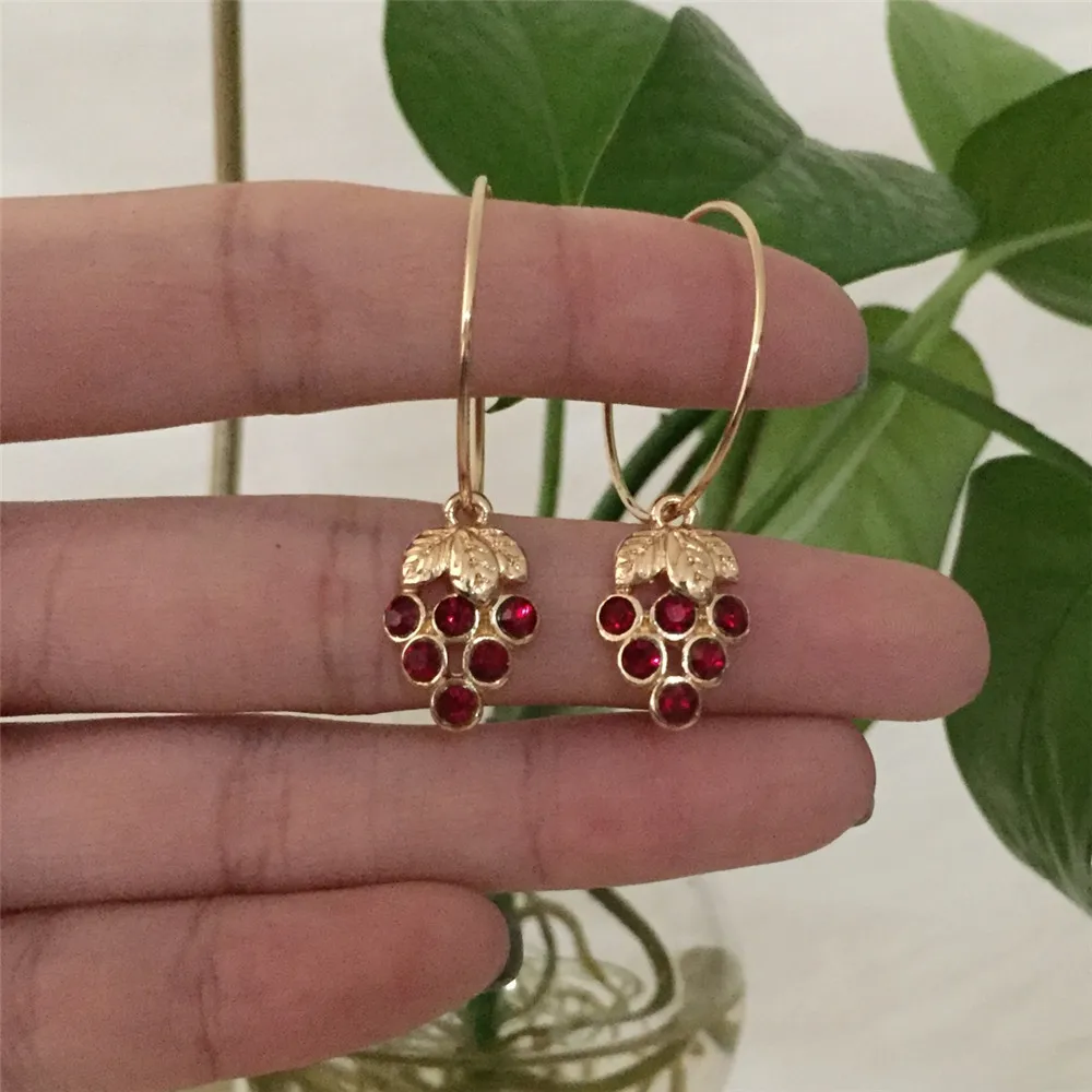 Cute Earrings Gold Color Hoop with Red Grape Shape Pendant Earrings for Girl Friend Best Gift