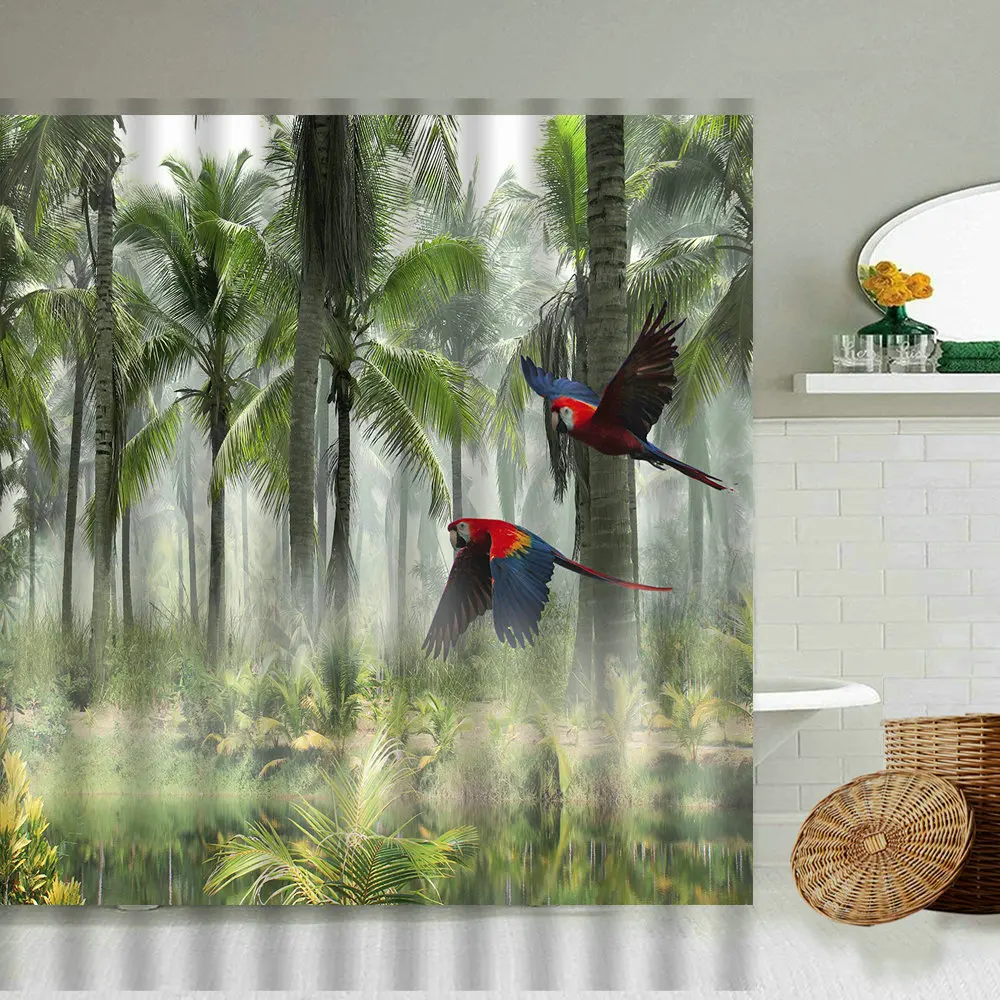 Tropical Jungle Scenery Shower Curtain Parrot Peacocks Feather Green Plant Waterfall Natural Scenery Bathroom Screen Home Decor