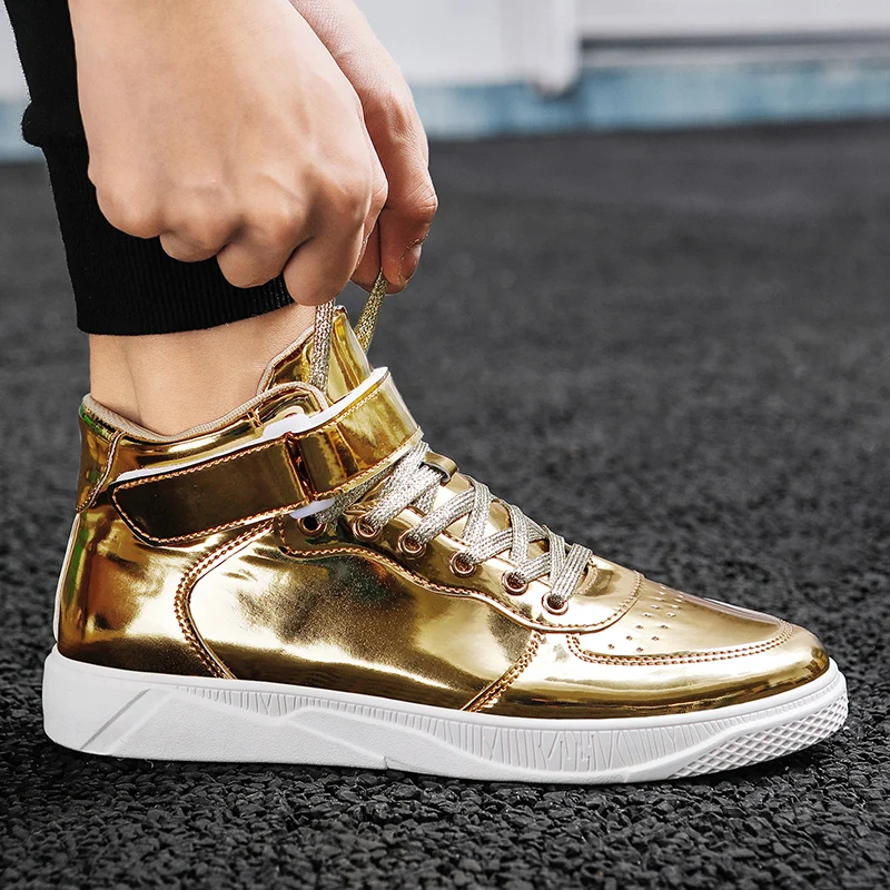 Fashion Golden Men\'s Mirror Shoes Couple Glitter Leather Men High Sneakers Large Size 48 Casual Sneakers Men Flats basket homme