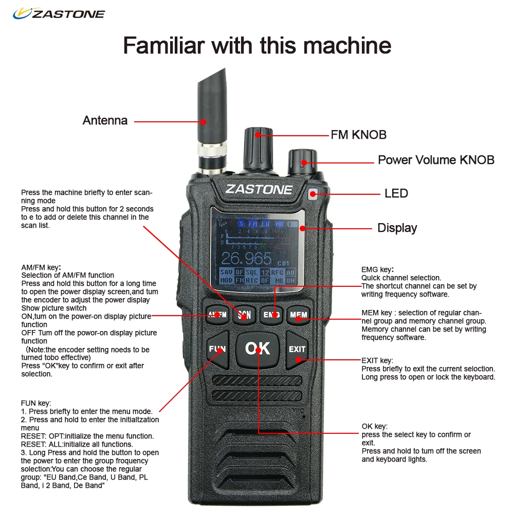 Imagem -03 - Zastone Handheld Walkie Talkie fm am Mode Radio Cb58 4w 26.965 a 27.405mhz Cb-58