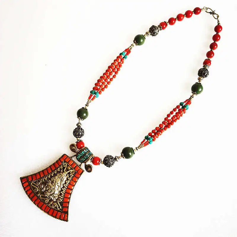 Tibetan Ethnic Fashion Jewelry Nepal Copper inlaid Stone Coral Big Pendant Necklace Tibet Tribal Amulet Necklaces TNL416