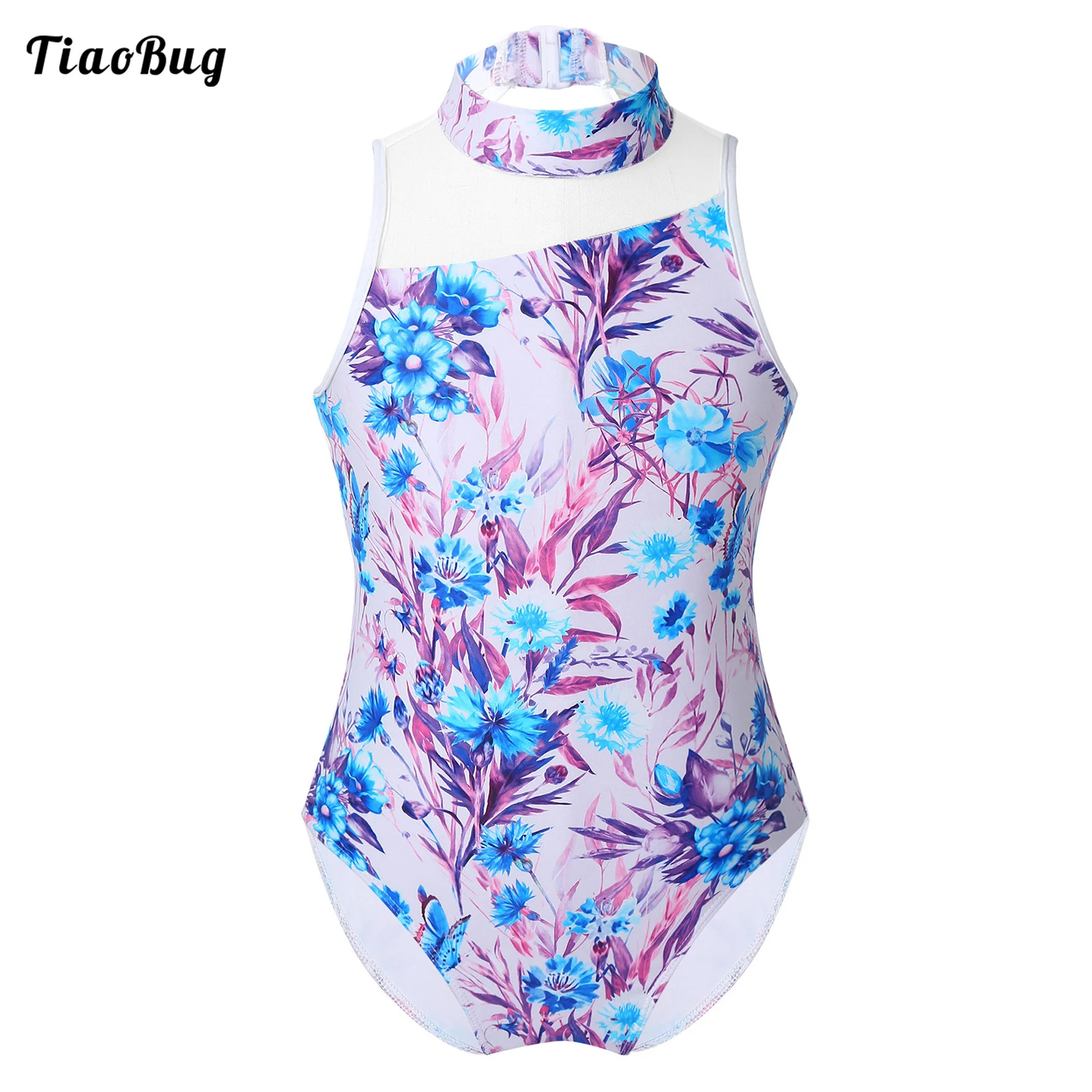 

Summer Kids Girls Stand Collar Floral Leotard Bodysuit Back Hook Closure Sleeveless Jumpsuit For Ballet Dance Skating Yoga