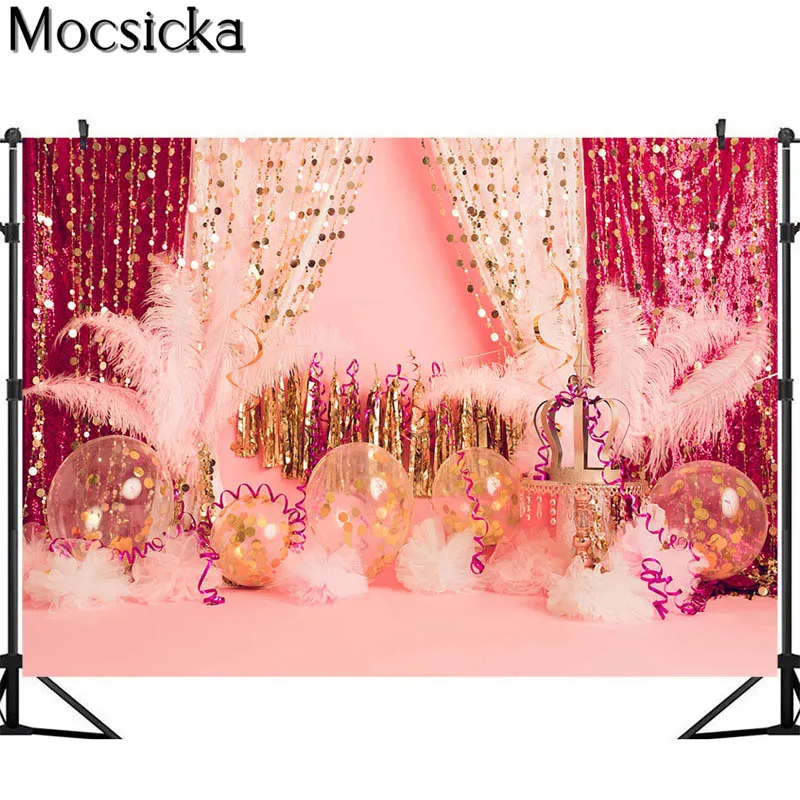 Mocsicka Girl Birthday Cake Smash Photography Backdrops Red Curtain White Feather Decoration Photo Props Studio Booth Background