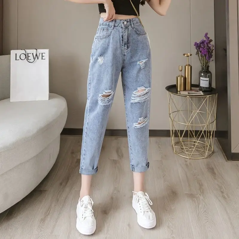 CGC 2022 Trend High Waist Jeans Woman Straight Oversize Denim Pants Korean Fashion Hole Baggy Jeans Female Streetwear Capri Pant