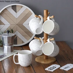 Ceramic Water Cup 6-piece Set Wooden Cup Holder Drain Rack Tea Set Coffee Mug Afternoon Tea Cups Milk Mug Decorative Teaware Set