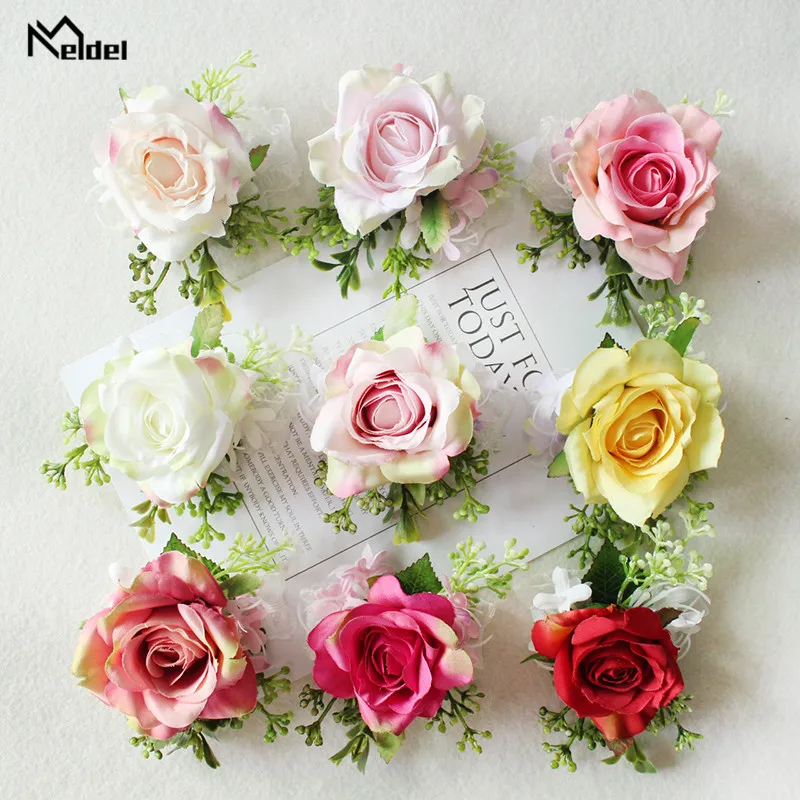 Meldel Cưới Boutonniere Chú Rể Ví Lắc Chân Cô Dâu Cổ Tay Áo Khoác Nữ Họa Tiết Cô Gái Vòng Tay Hồng Lụa Đảng Hứa Cưới Người Lập Kế Hoạch Hoa