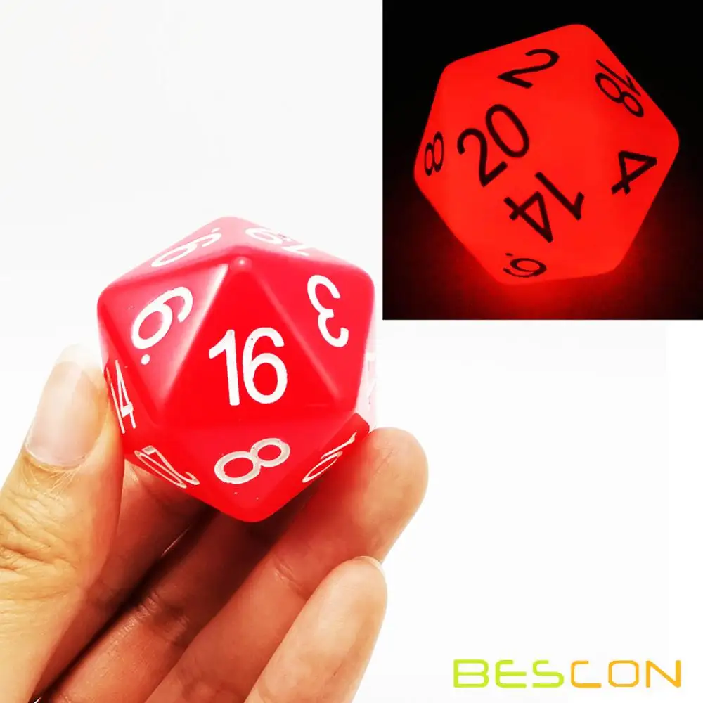 Bescon Jumbo Glowing D20 38MM, Big Size 20 Sides Dice 1.5 inch, Big 20 Faces Cube in Various Solid, Glitter, Glowing Colors