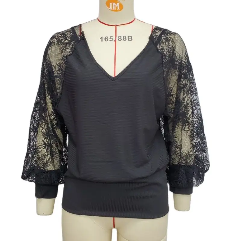 Blusa Sexy con espalda calada para mujer, blusa elegante de encaje de retales, de manga larga, transparente, de malla, con cuello en V, Tops de fiesta