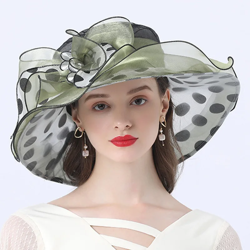 Women Summer Hat Black Dot Pattern Ruffle wide Brim Ladies Organza Hat Packable Sun Beach Hat Wedding Party Race Derby Dress Hat