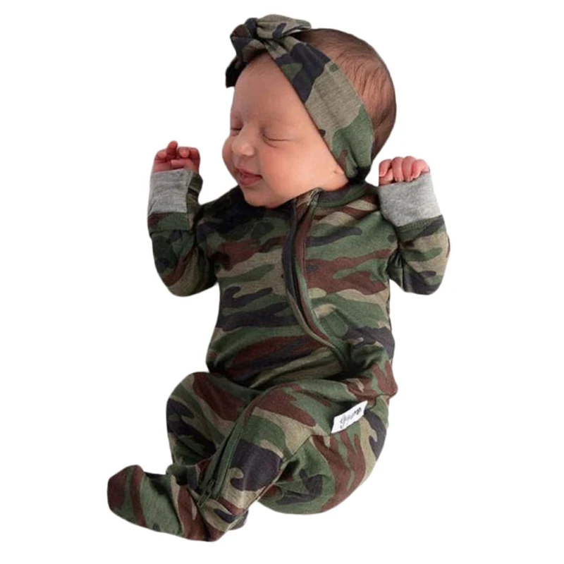 2Pcs Infant Toddlers Baby Boys Long Sleeve Camouflage One-piece Romper+Bow-Tie Headband Baby Clothing Outfits 0-9M