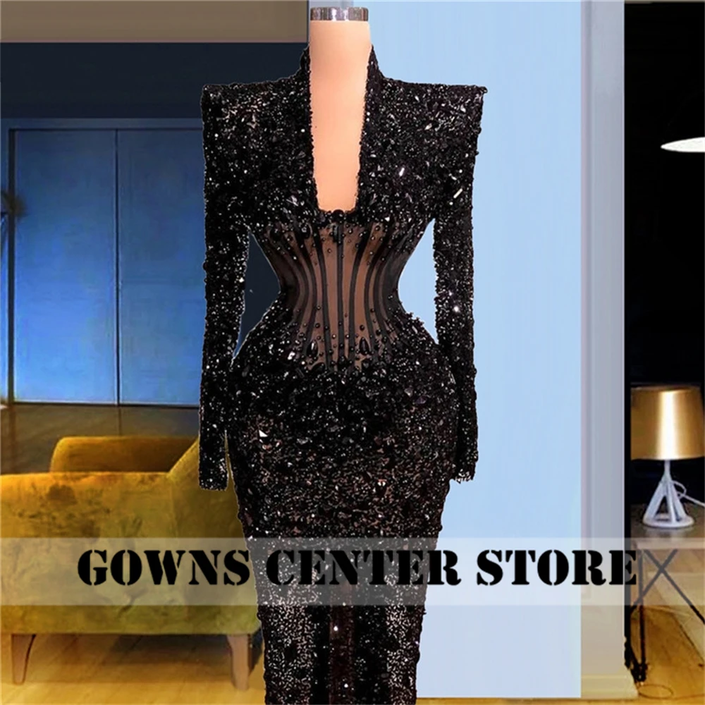 Stone Beaded Dubai Black Mermaid Evening Dresses Party Dress Sparkly Sequin Long Sleeve Middle East Formal Gowns robe Customized