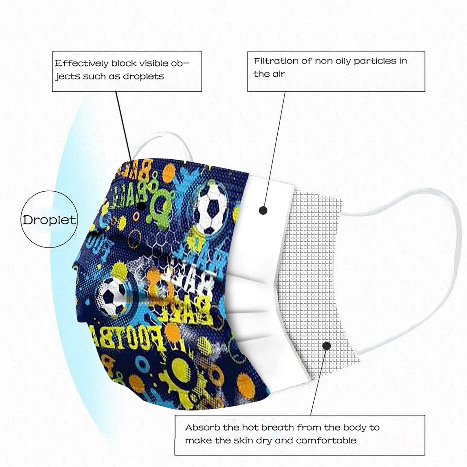 50/100pc Football Christmas Printed Children Face Mask Disposable Breathable Earloops Non-Woven Meltblown Mouth Cover Masque