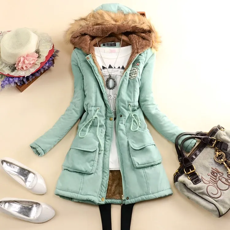 Winter Newest Women Long Parkas Hooded Cotton Ladies Coat Large Fur Collar Jackets for Girls Students Waist Cotton Coats