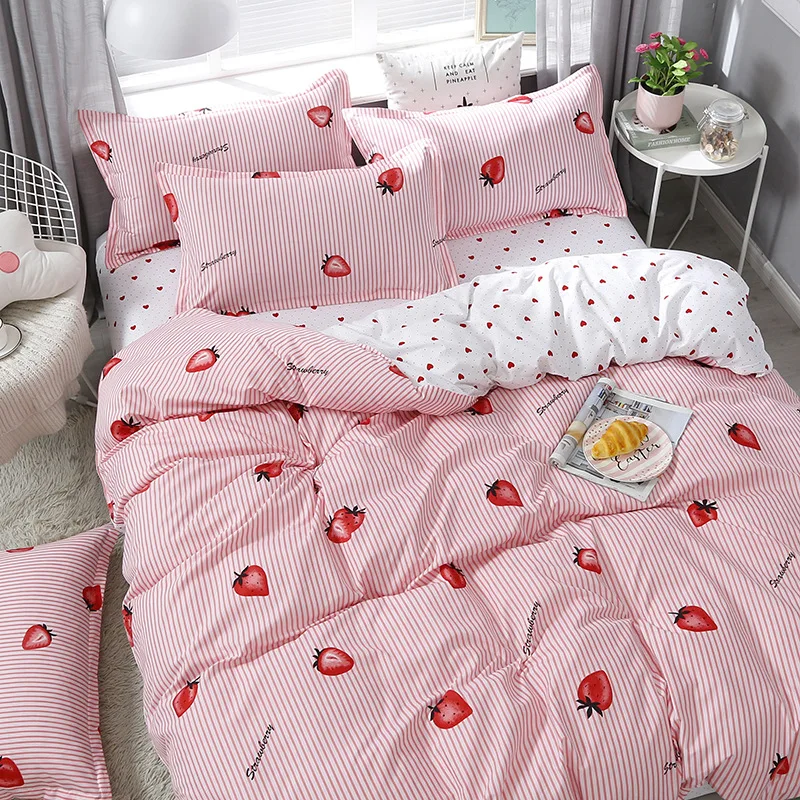 Pink Strawberry Comforter Bedding Sets Bed Sheets Cute Fruit Duvet Cover King Queen Size Gift For Girl Kids Lovely Bedspread