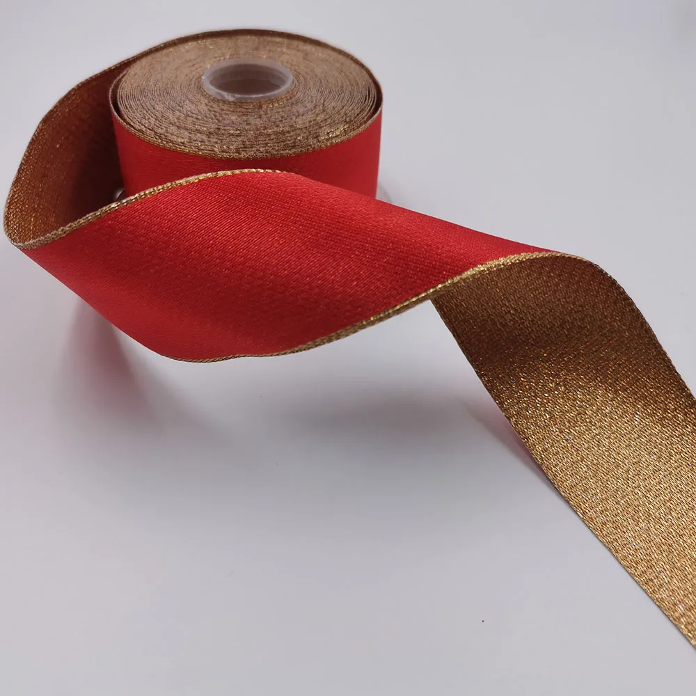 38MM Red Gold Reversible Metallic Wired Ribbon for Christmas Tree Decorations Bow Making New Year Gift Wrapping 10Yards Roll