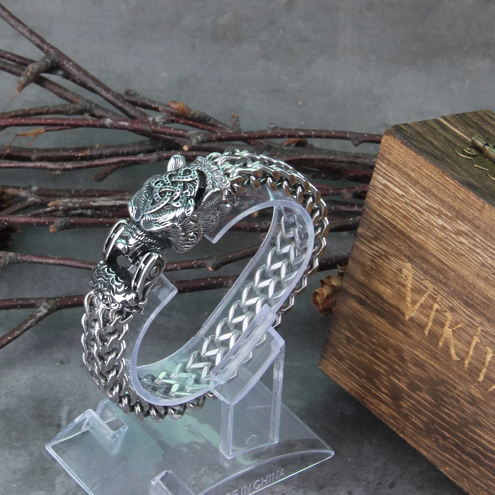 Never Fade Rock Viking Wolf Bracelet Men's Stainless Steel Mesh Chain Can Open Wolf Mouth Punk Bracelets Biker Jewelry - view 5