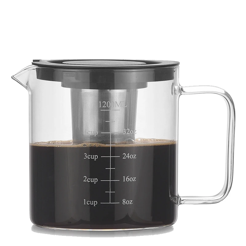 

1200Ml Glass Coffee Sharing Pot with Lid and Strainer with Insulated Handle Water Level Display Mark Water Level Display Mark