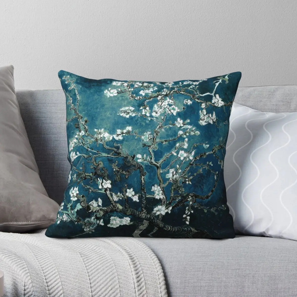 

Van Gogh Almond Blossoms Dark Teal Square Pillowcase Polyester Linen Velvet Printed Zip Decorative Home Cushion Cover