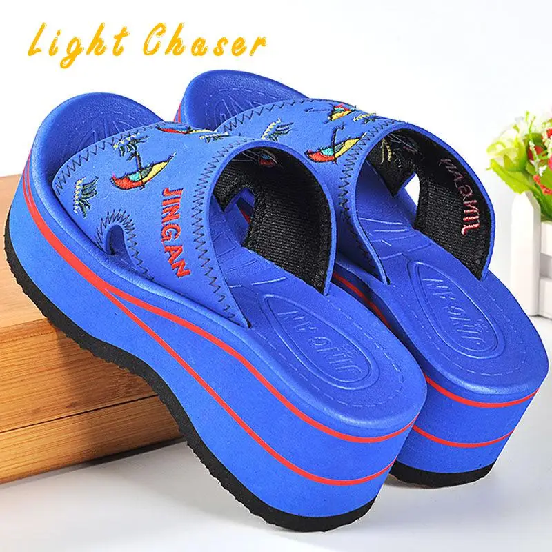 Summer Sandals Women's Thick-soled High-heeled Slope-heeled Slippers Non-slip Home Bathroom Foam Bottom Embroidered Beach Shoes